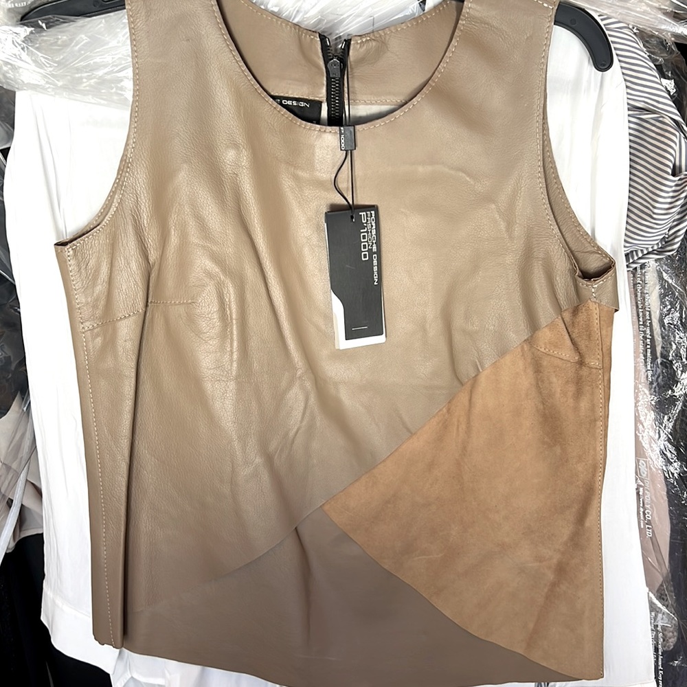 NWT PORSCHE Design leather and suede top w/ zip back